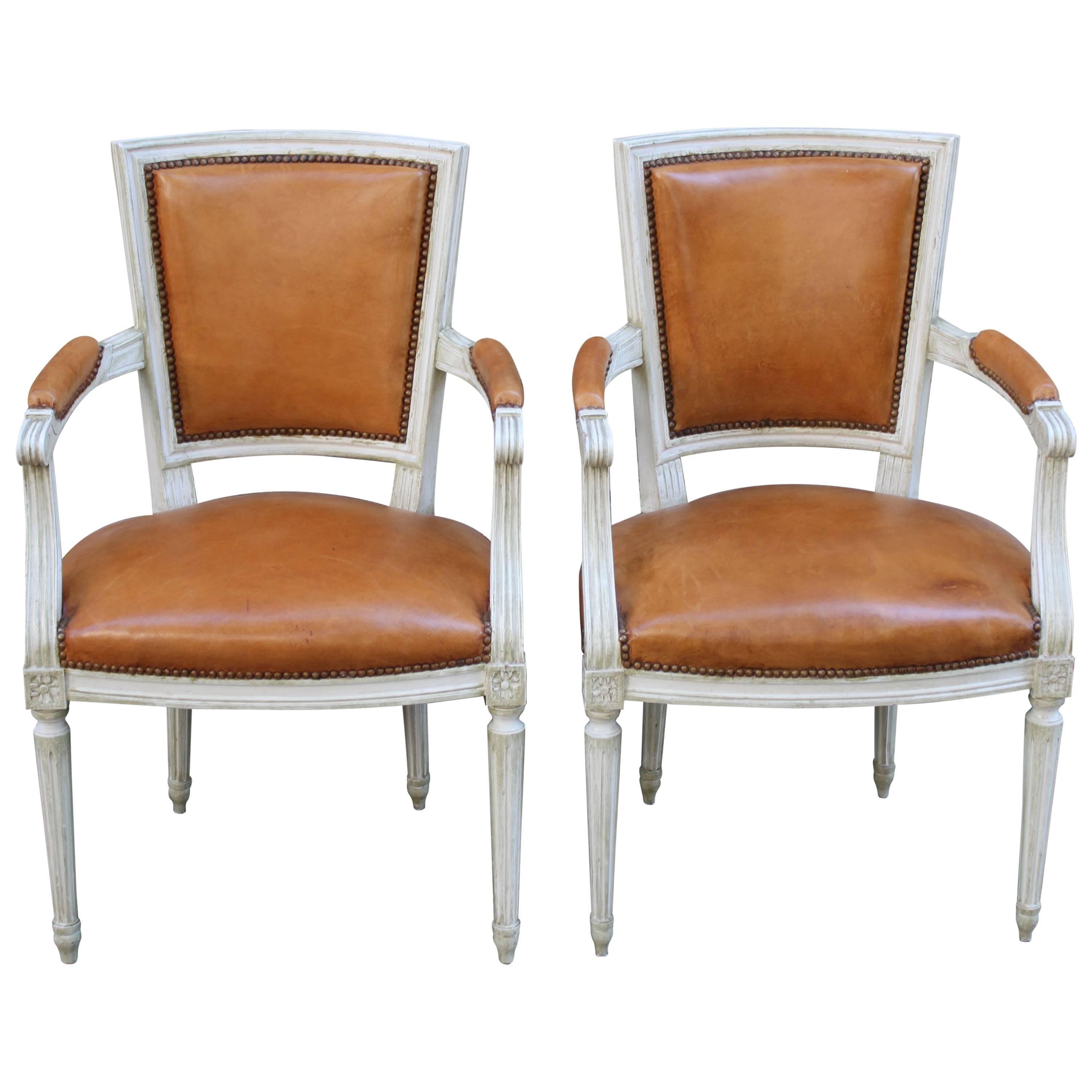 Pair of Armchairs or Fauteuils with Leather Upholstery in Louis XVI Style For Sale