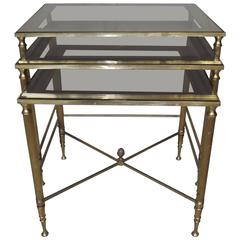 Set of Three Brass-Framed Stacking Tables with Original Mirror-Framed Tops