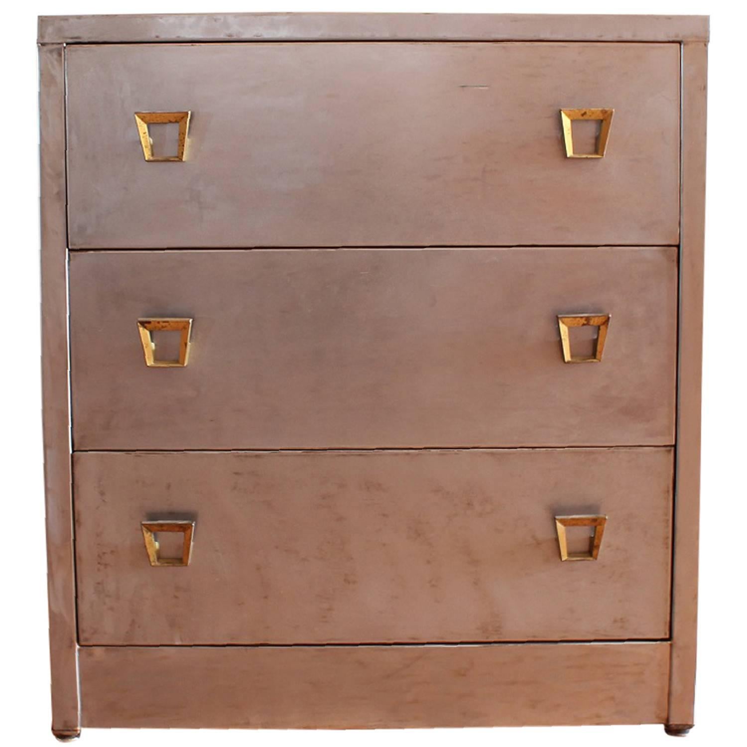 Stylish 1920's Metal Dresser With Brass Hardware For Sale