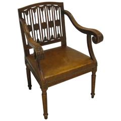 19th Century Desk Chair, Scroll-Arm and Leather-Seat, Italy, Circa 1810