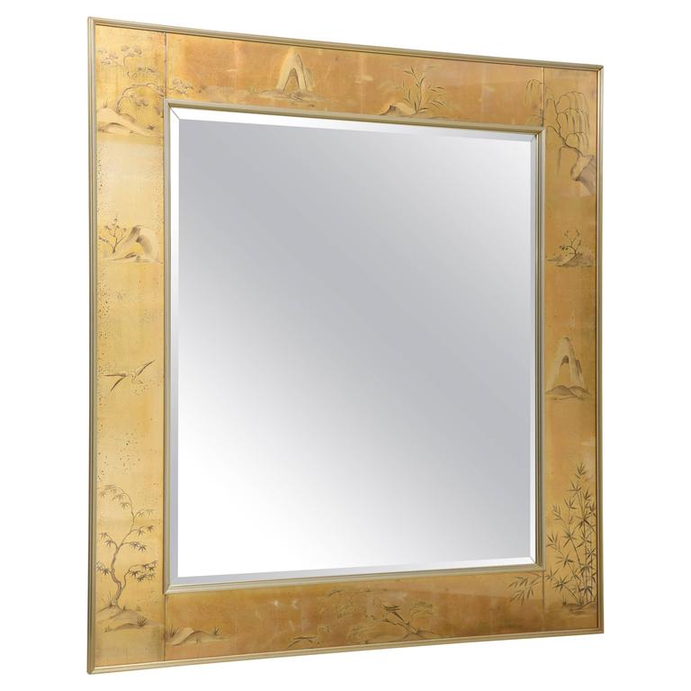 La Barge Mirror with Églomisé Style Panels Depicting Chinoiserie Scenes