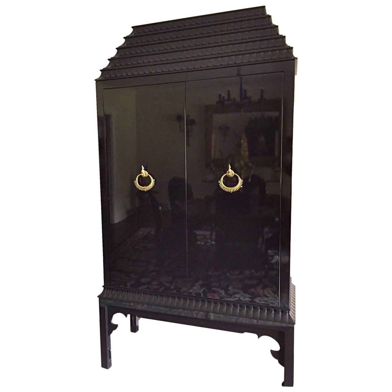 Glamorous Black Laquer Pagoda Style Bar Cabinet