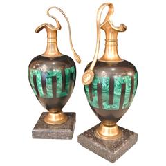 Pair of Ewers in Porphyry and Malachite with Handles of Bronze