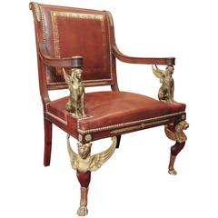 Leather Gold Embossed Fauteuil with Detailing and Bronze Dore Mount