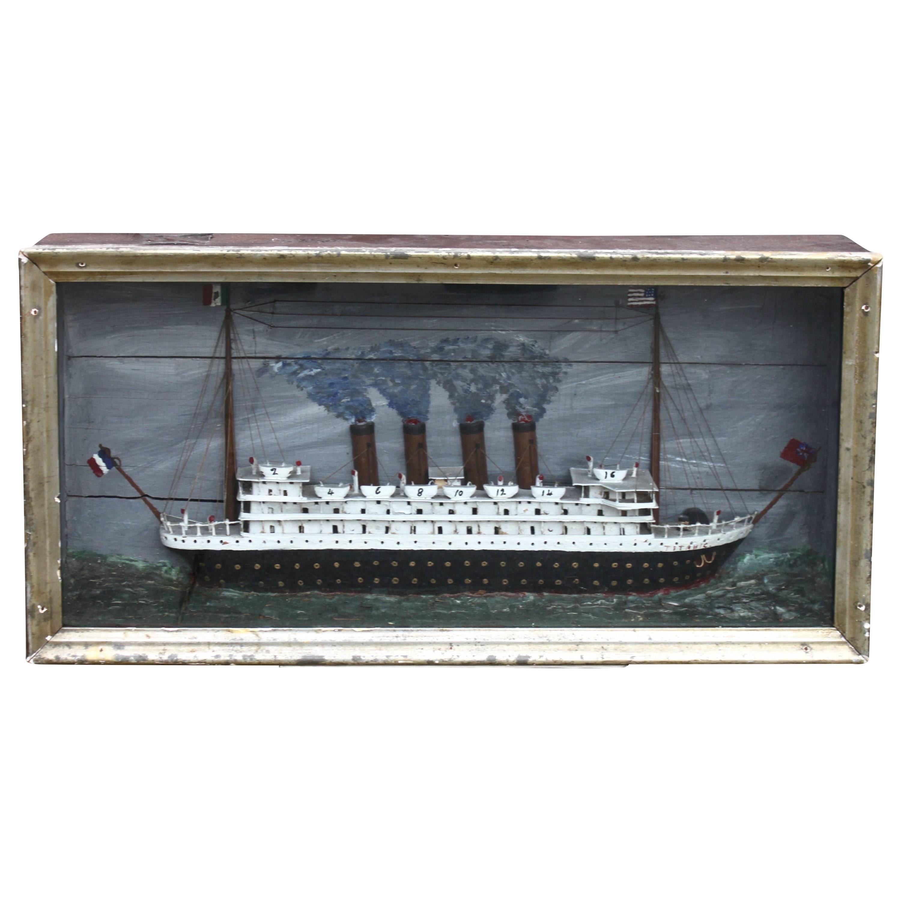 Turn of the Century Vintage Shadowbox of Titanic at Sea With Lighted Interior For Sale