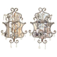 Pair of 19th Century Italian Crystal Beaded, Mirrored, Backplate Wall Hangings