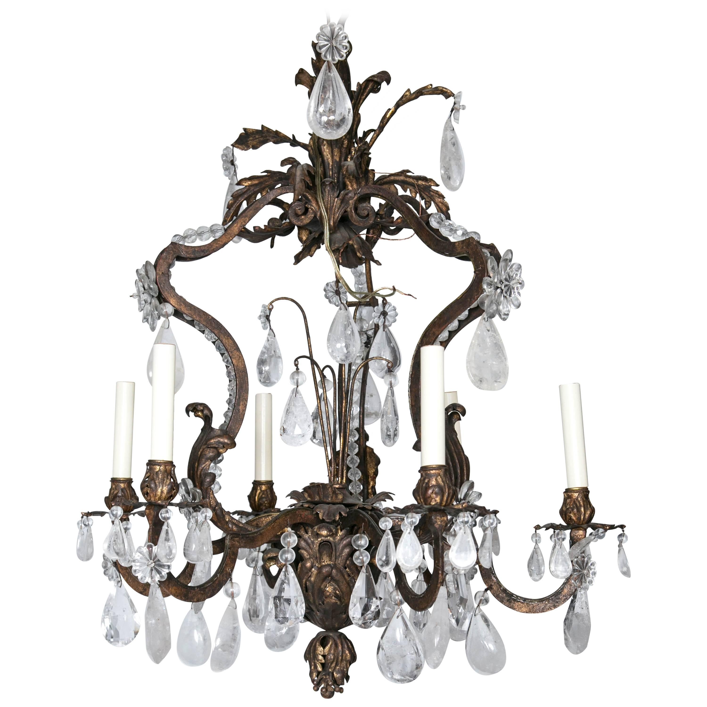 French Iron and Rock Crystal Six-Light Chandelier For Sale