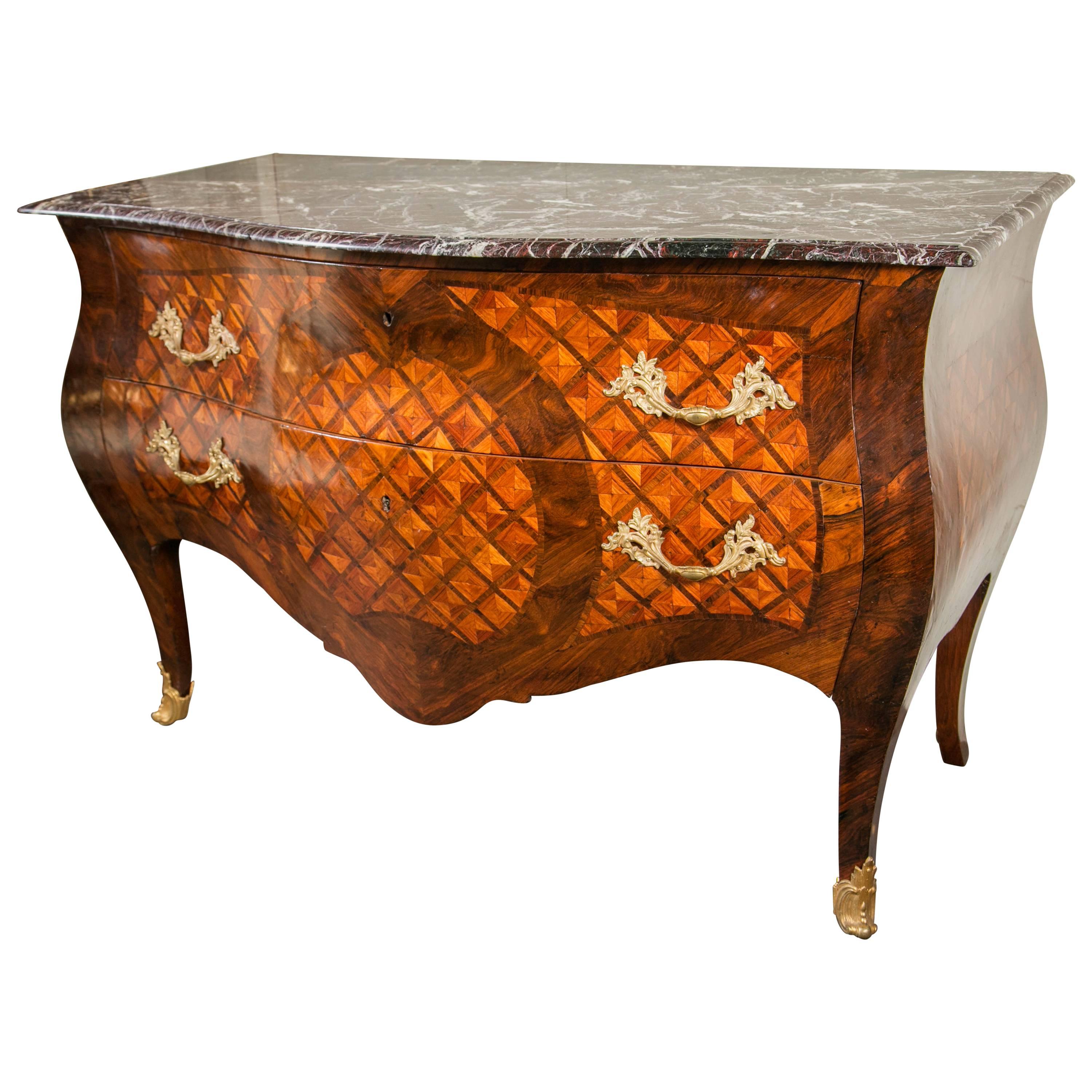  19th Century Marble-Top Two-Drawer Italian Parquetry Commode For Sale