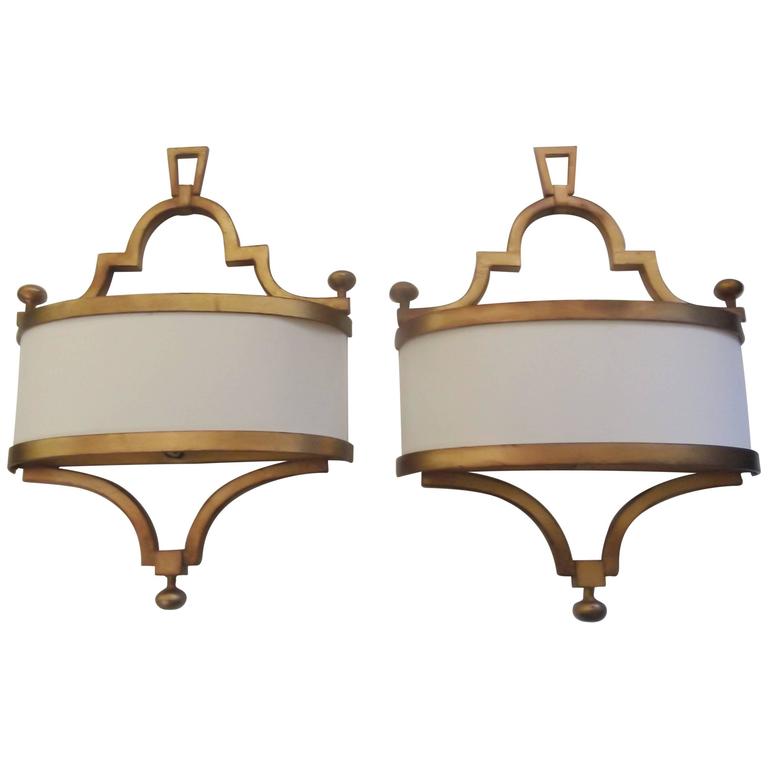 Pair of Contemporary Gilt Metal Sconces with Crepe Shades For Sale at 1stdibs