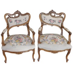 Pair of Louis XV Walnut Asymmetrical Fauteuils with Needlepoint