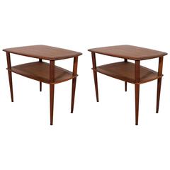 Pair of Peter Hvidt Two-Tier End Tables in Teak with Cane Shelf for France & Son