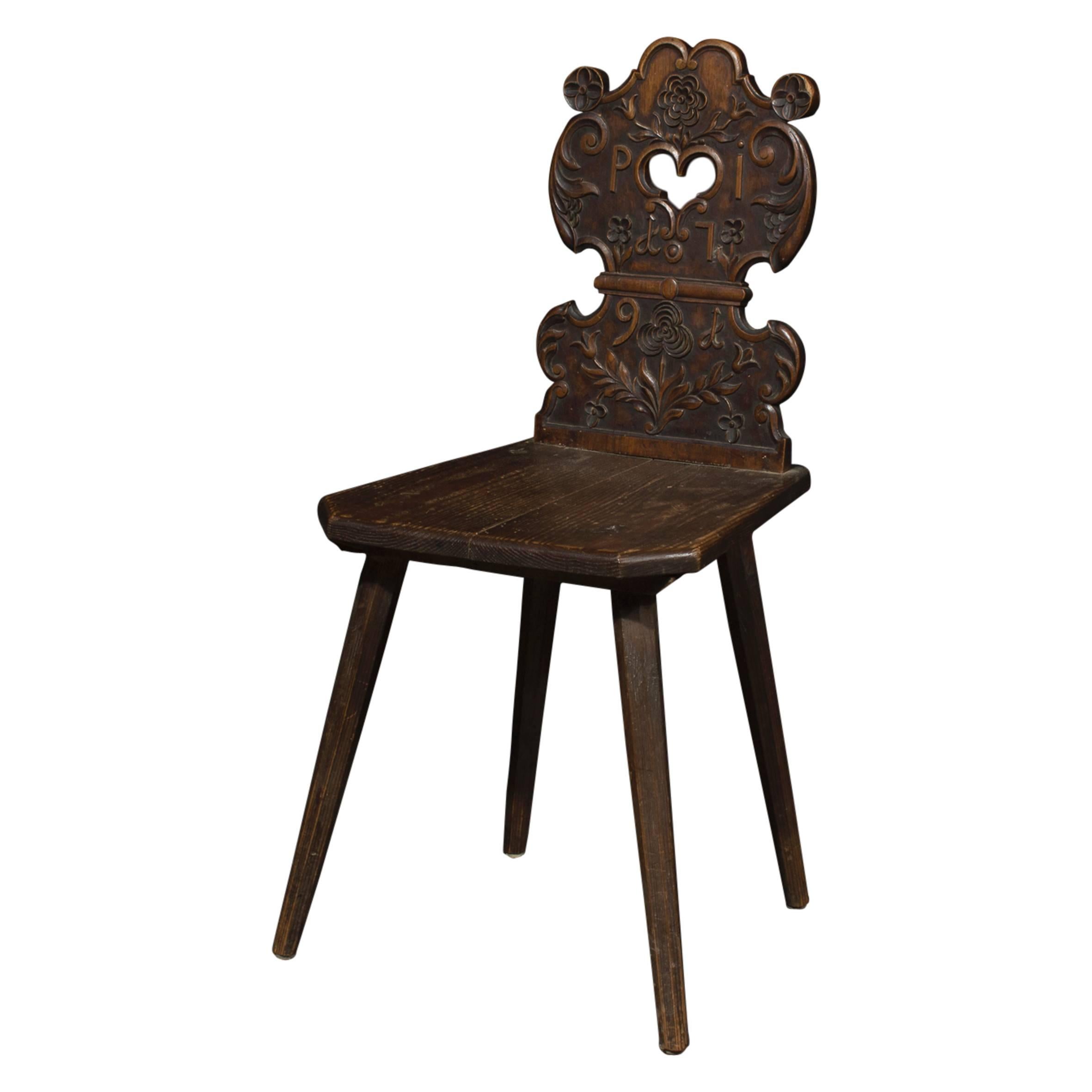Late Baroque Carved Black Forest Wood Chair, Dated 1791