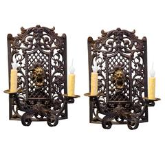 Pair of Ornate Antique Italian Iron Sconces with Lion's Head
