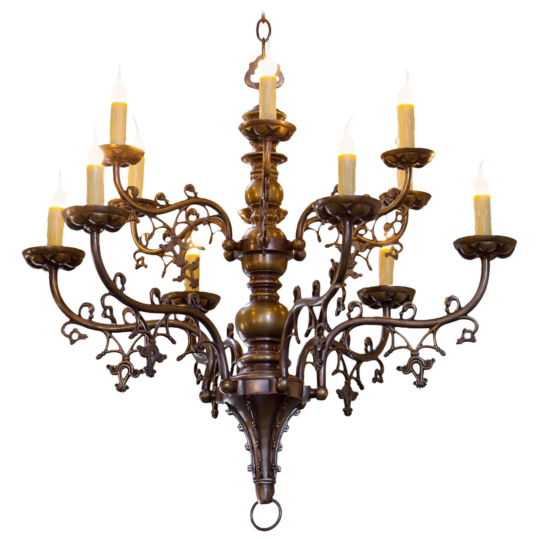 Belgian Gothic-Style Bronze Chandelier with Twelve Arms, circa 1900 For Sale