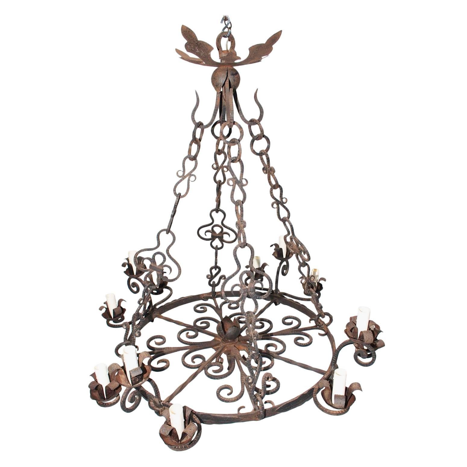Large Beautiful French 1930 Handmade Wrought Iron Chandelier