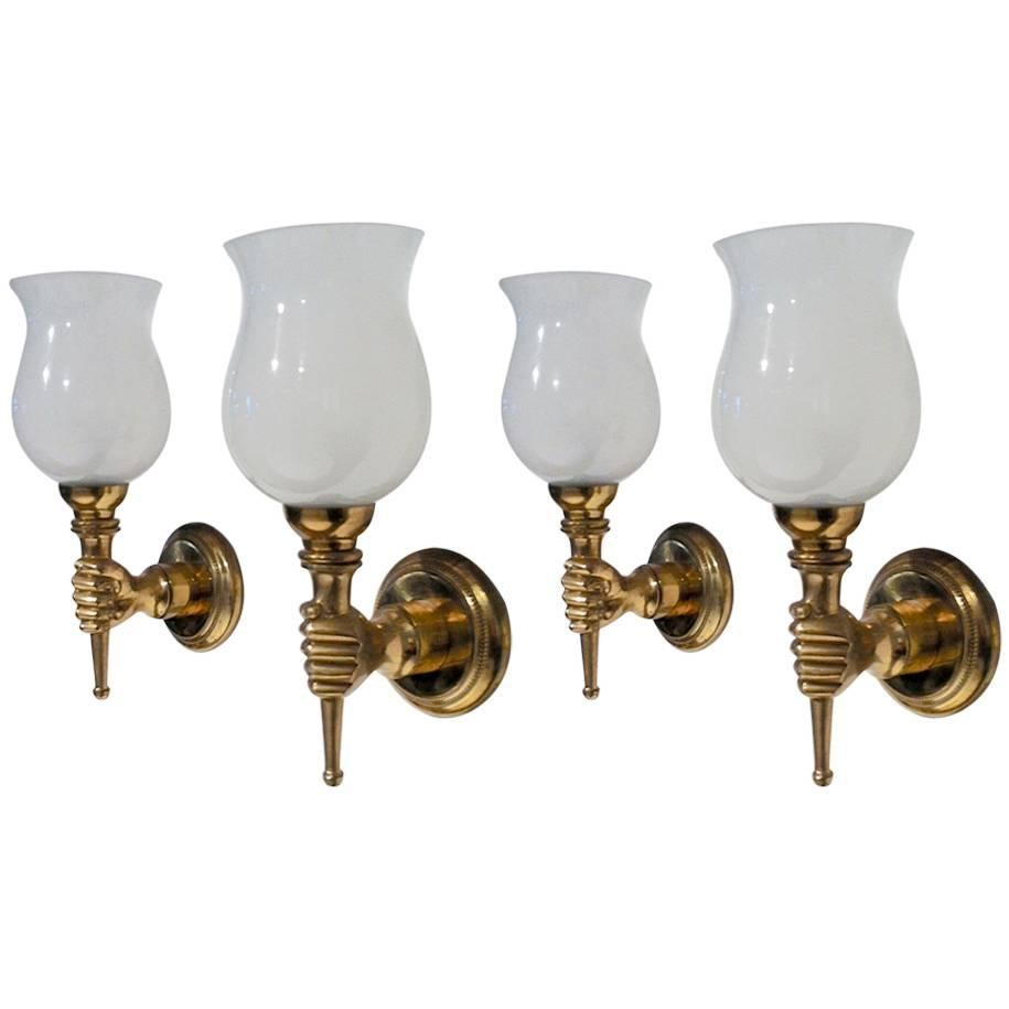 John Devoluy Set of Four Gold Bronze Hand Sconces with Opaline Cup For Sale