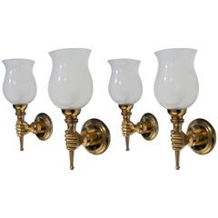 John Devoluy Set of Four Gold Bronze Hand Sconces with Opaline Cup