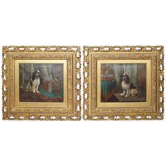 Sweet Pair of Painted Dog Paintings on Canvas with Canary in a Bird Cage
