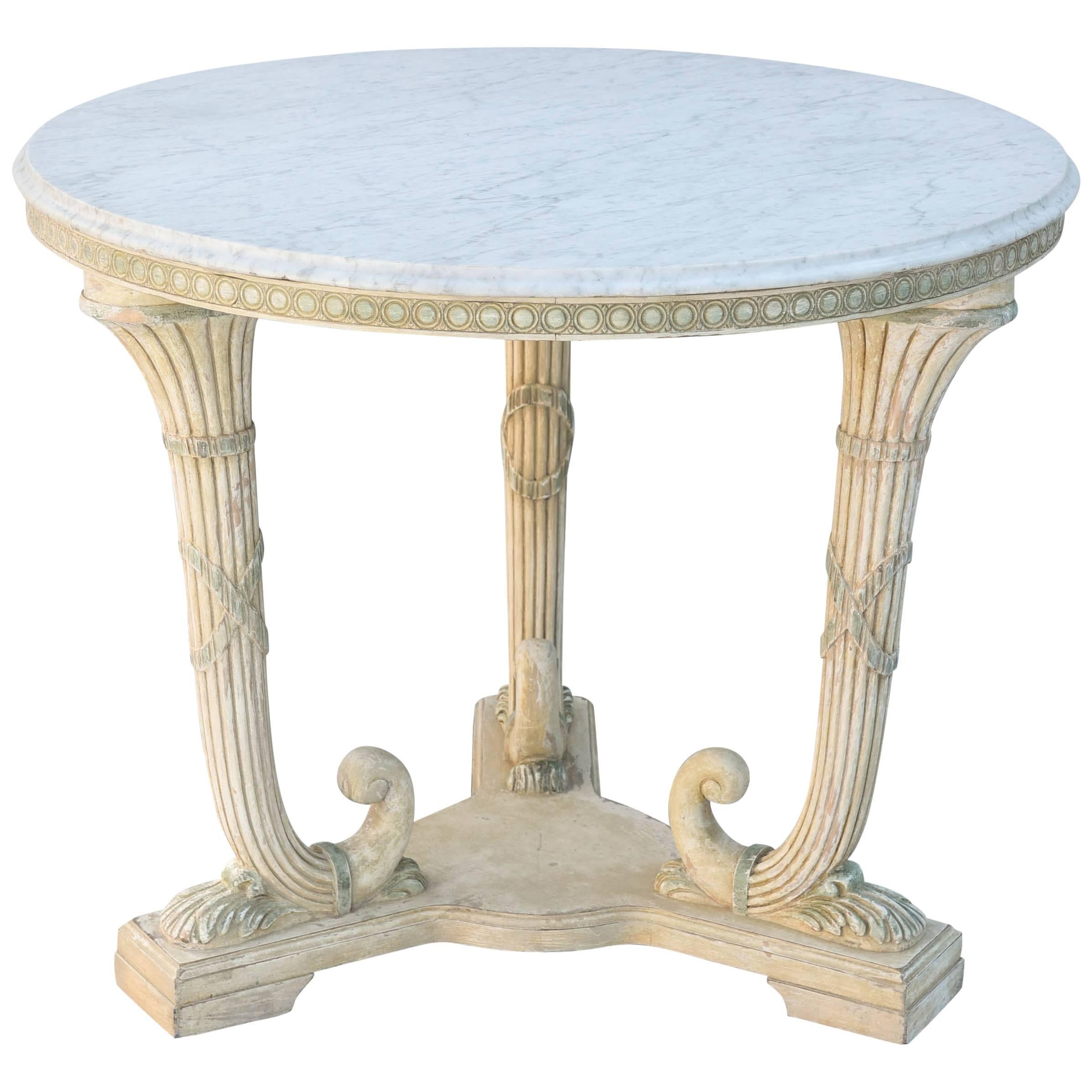 Round Italian Center Table with Carrara Marble Top on Painted Base