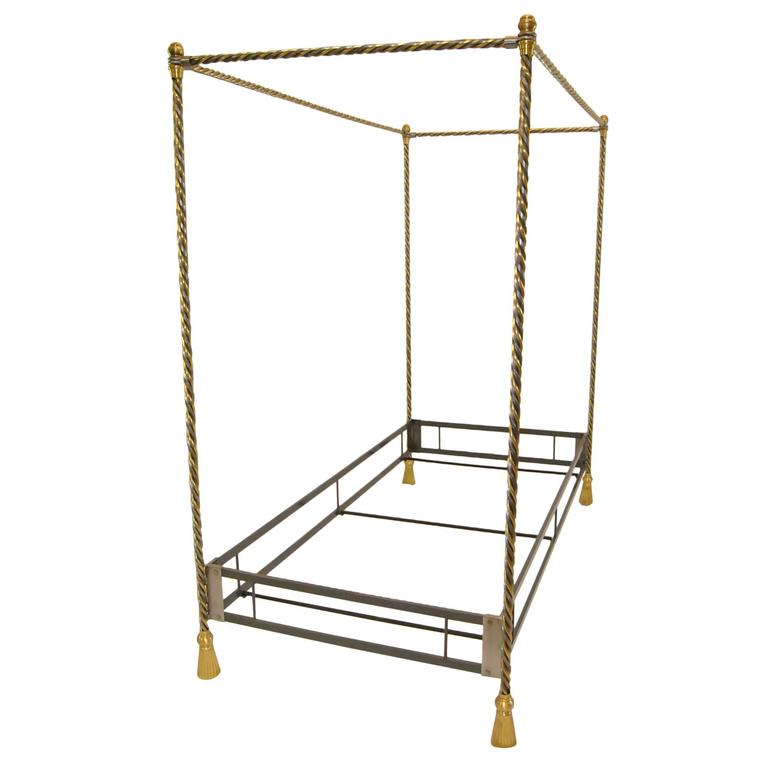 20th Century Twisted Iron and Brass Canopy Twin Bed with Tassel Feet