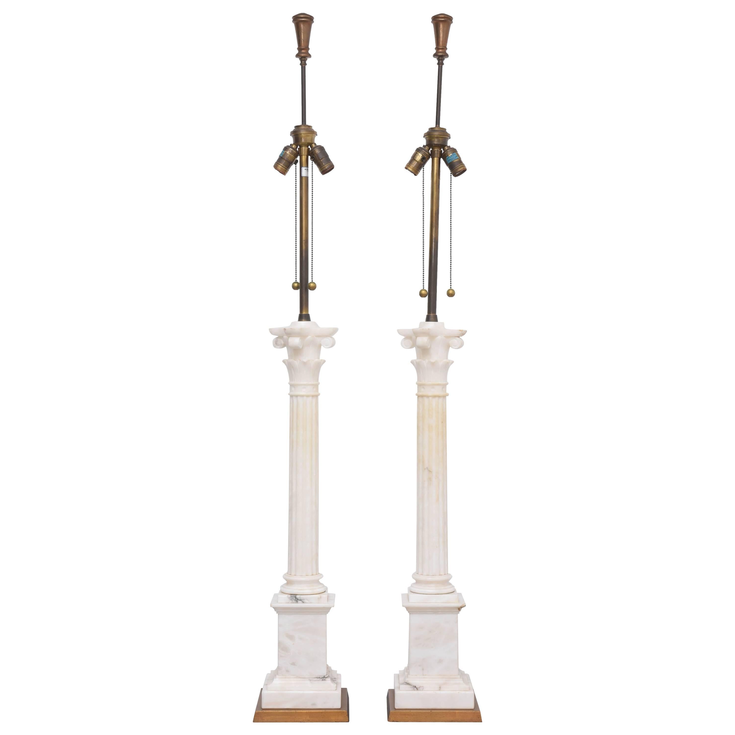 Monumental White Marble Neoclassical Column Lamps