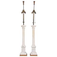 Antique Monumental White Marble Neoclassical Column Lamps