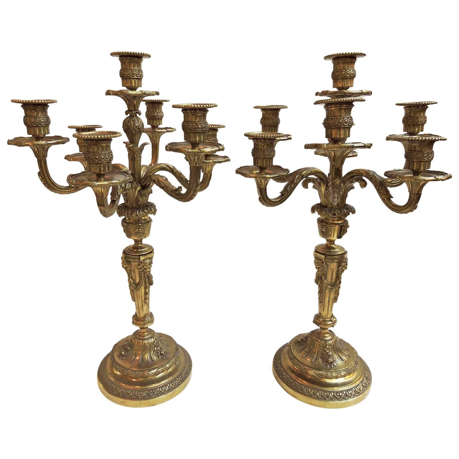 Pair of Large French Gilt Bronze 19th Century Neoclassical Candelabras For Sale