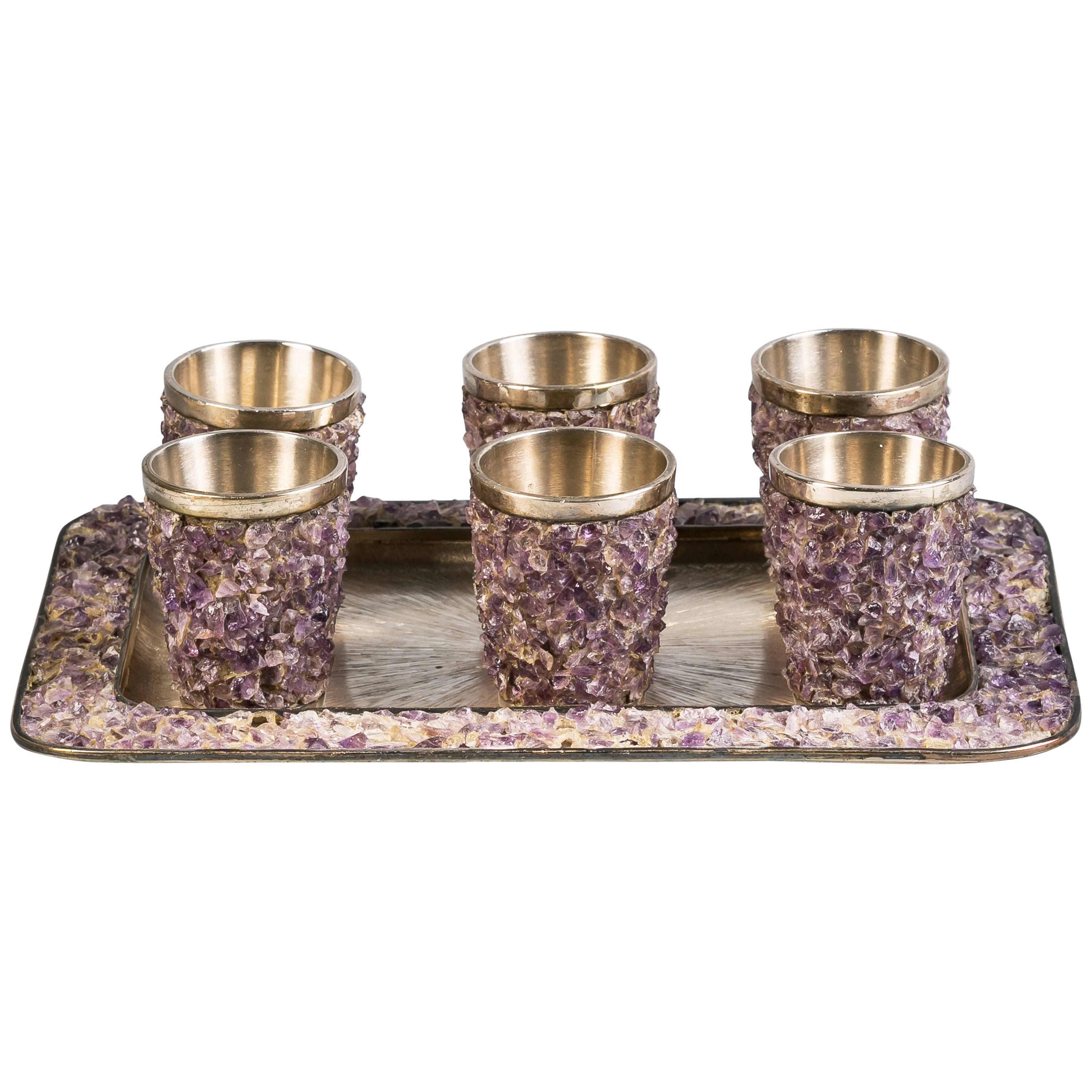 Set of Six Sterling Silver and Amethyst Quartz Shot Glasses and Tray