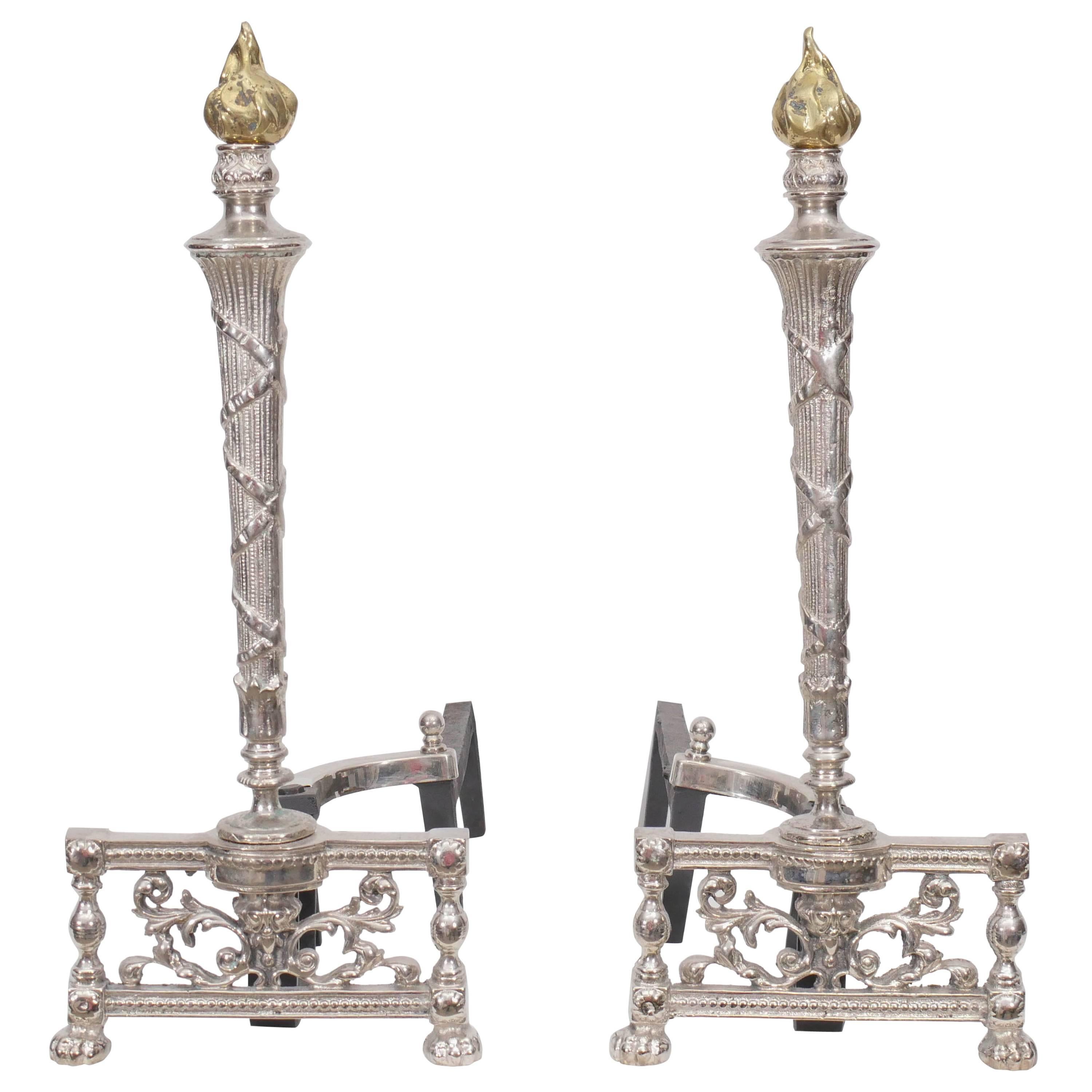 1940s Nickel Andirons with Brass Flame Finial For Sale