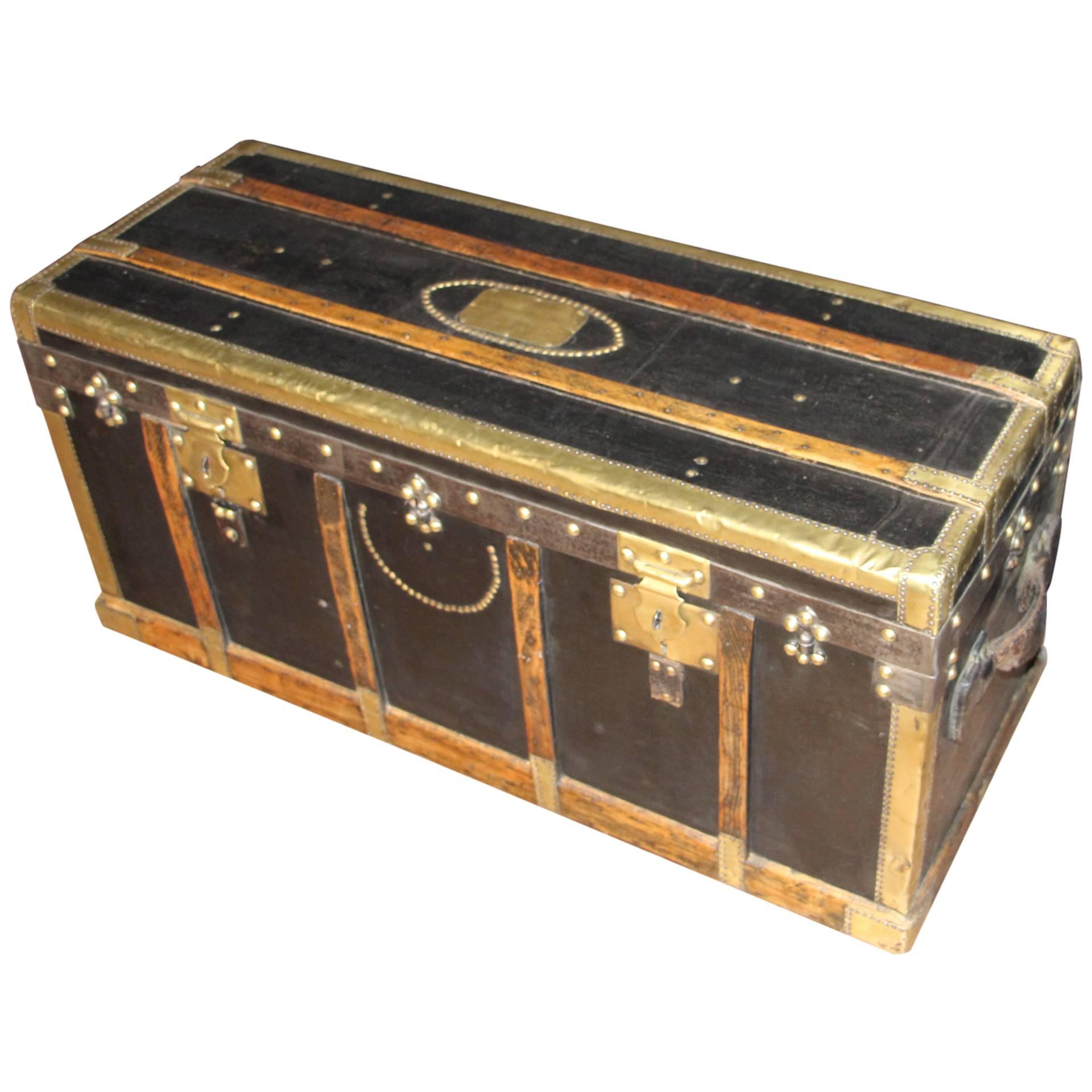 19th Century French Black Canvas And Brass Narrow Steamer Trunk