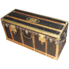 19th Century French Black Canvas And Brass Narrow Steamer Trunk