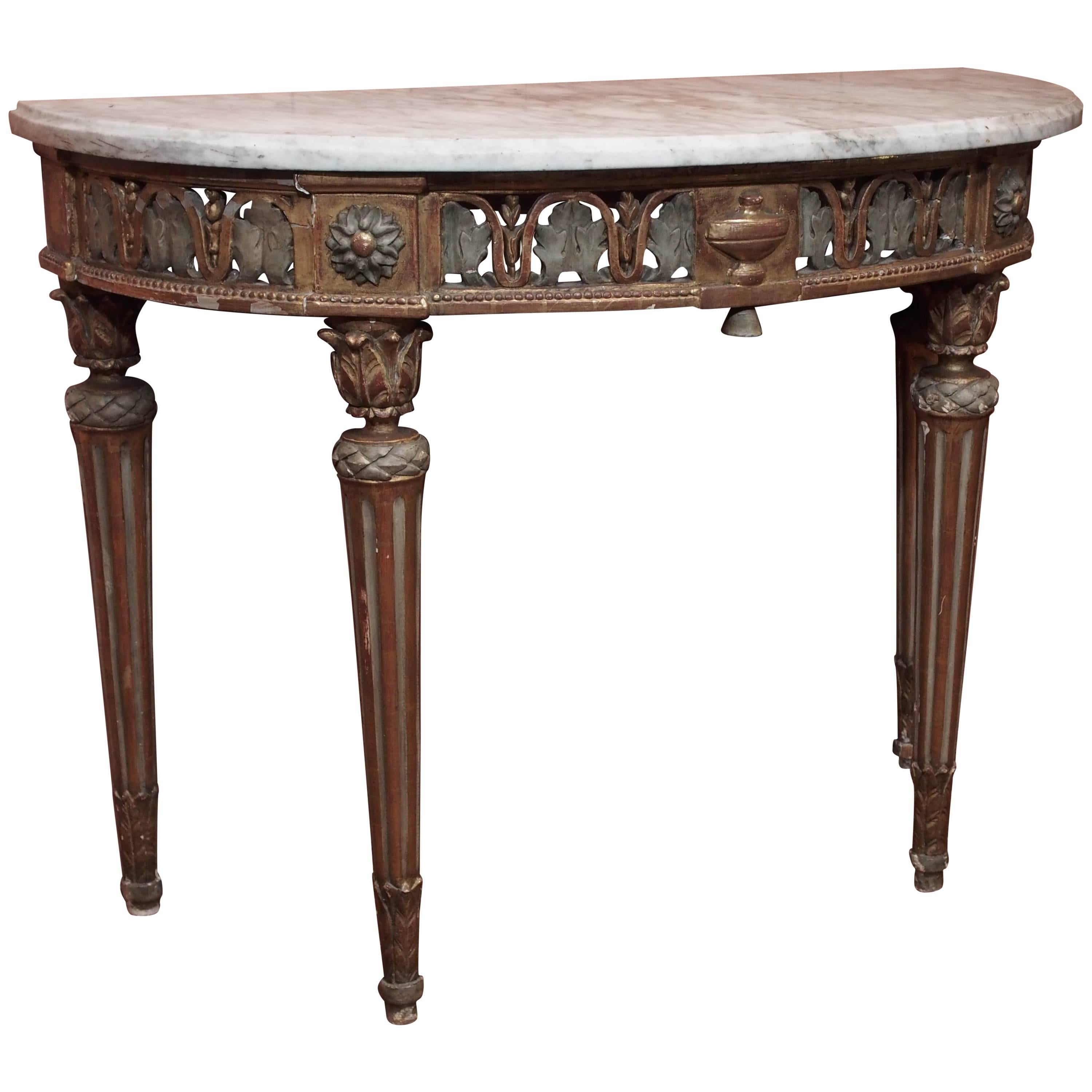 Louis XVI Period Painted and Gilded Dem-Lune Console with White Marble Top