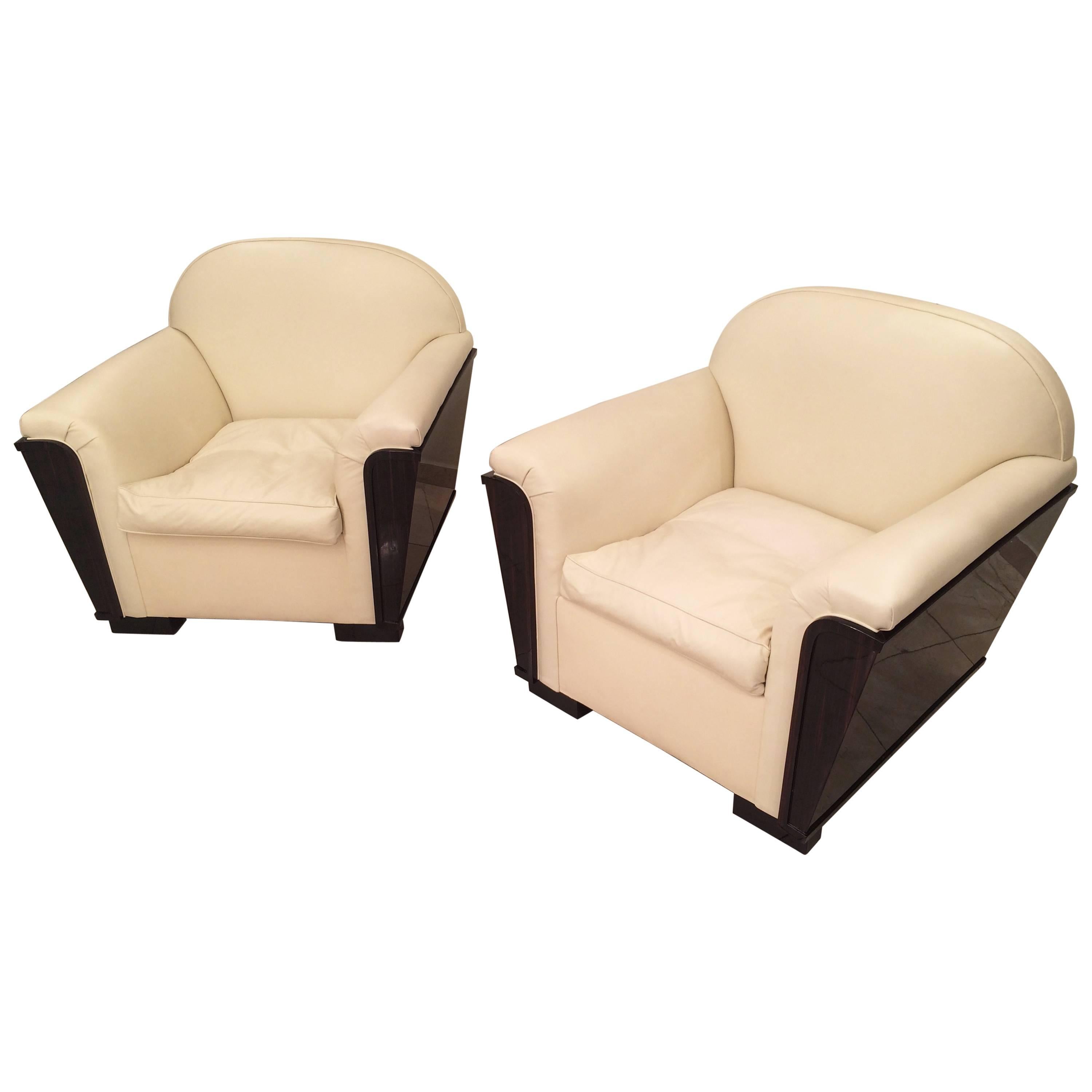 Pair of French Art Deco Macassar Club Armchairs For Sale
