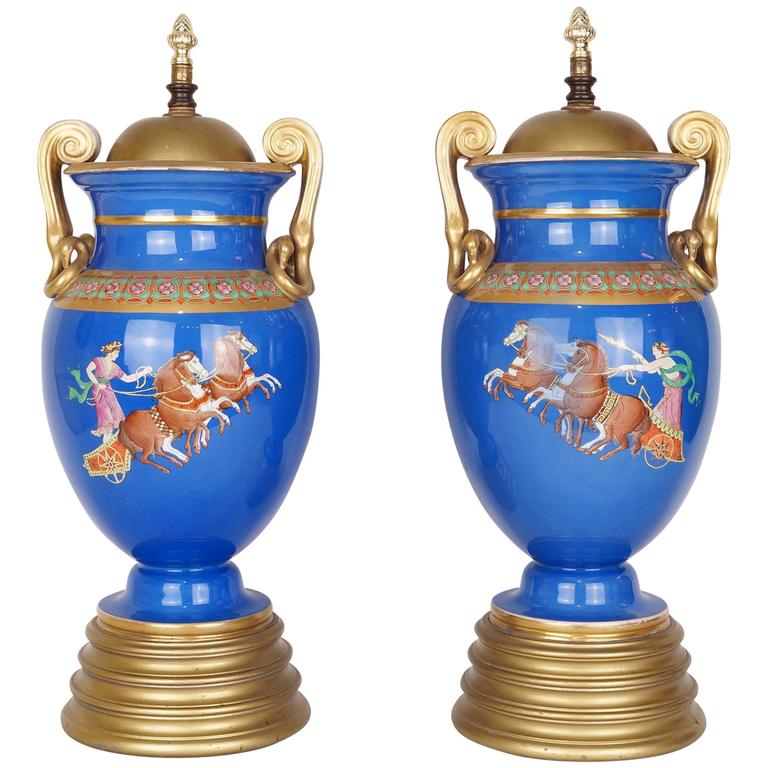 Pair of Neoclassical Painted Blue Porcelain Lamp Bases with Chariots