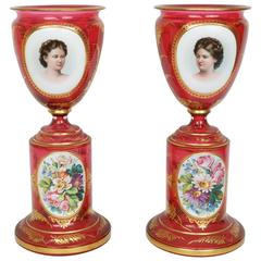 Pair of Red Viennese Glass Portrait Vases on Stand with Floral Painted Decor