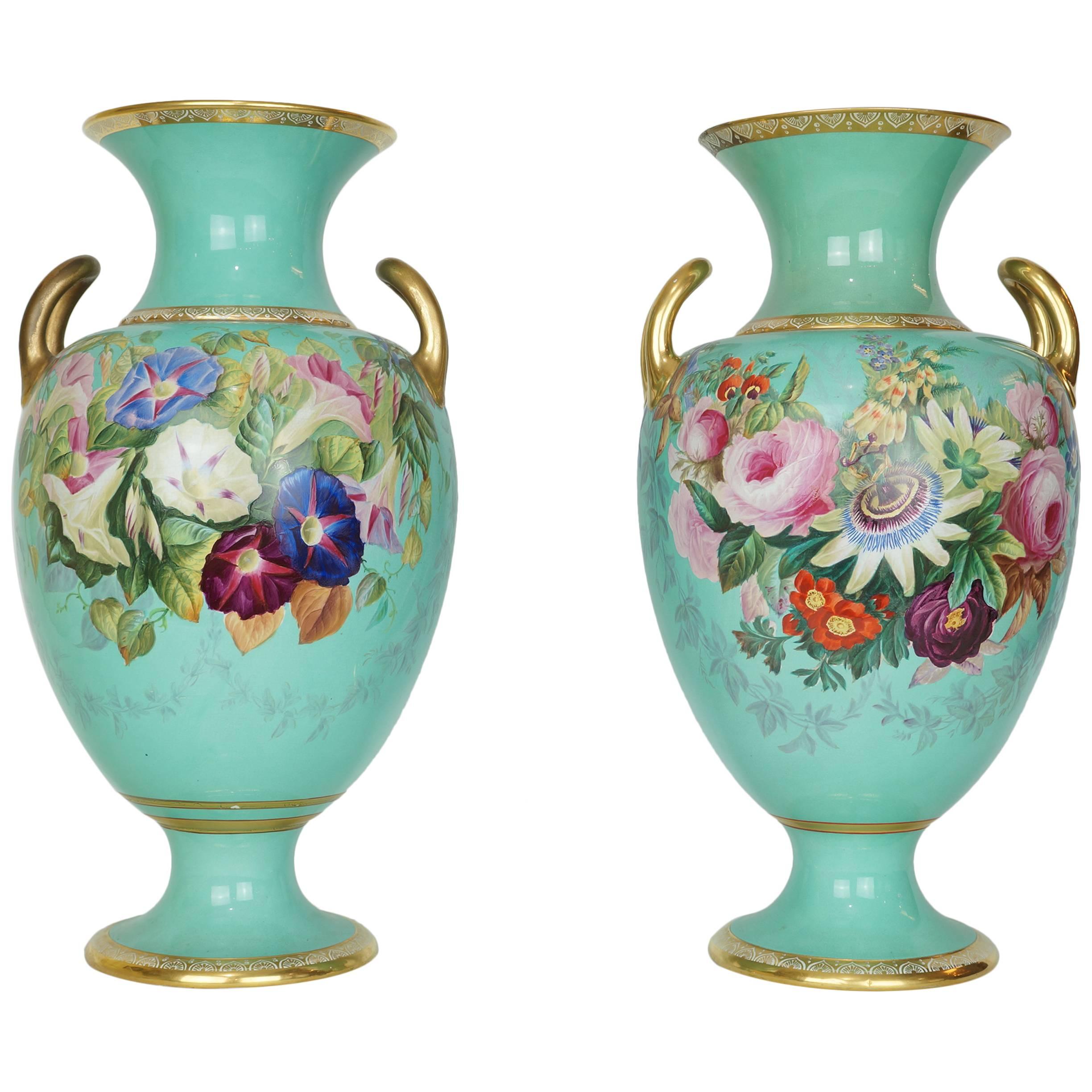 Pair of English Davenport Staffordshire Green Painted Floral Vases with Handles