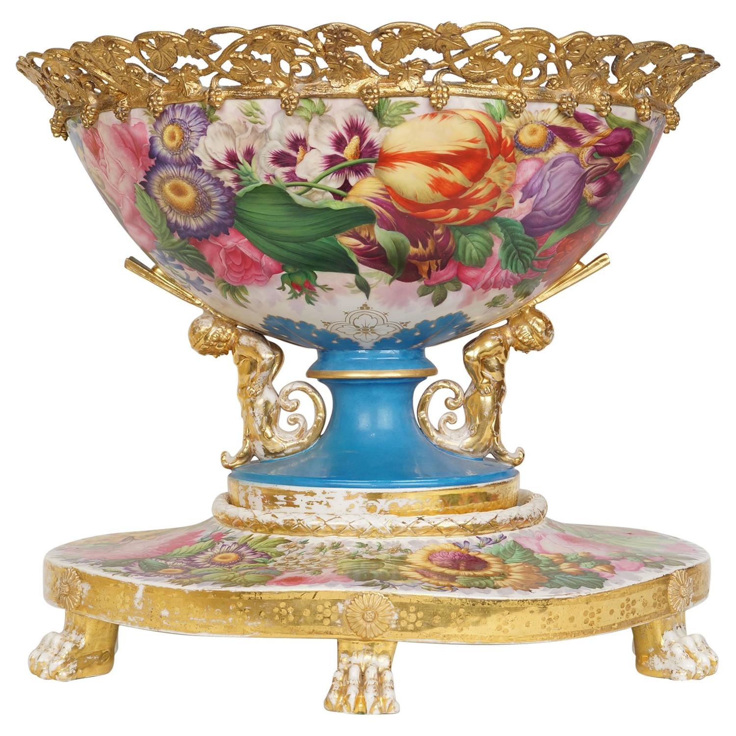 Russian Of French Painted Porcelain Table Centerpiece With Floral