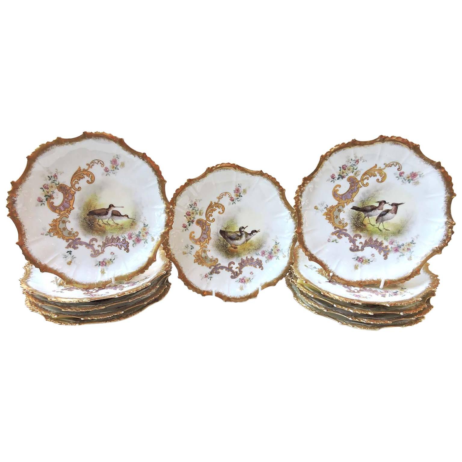 Set of 11 Limoges Plates Hand-Painted with Game Birds