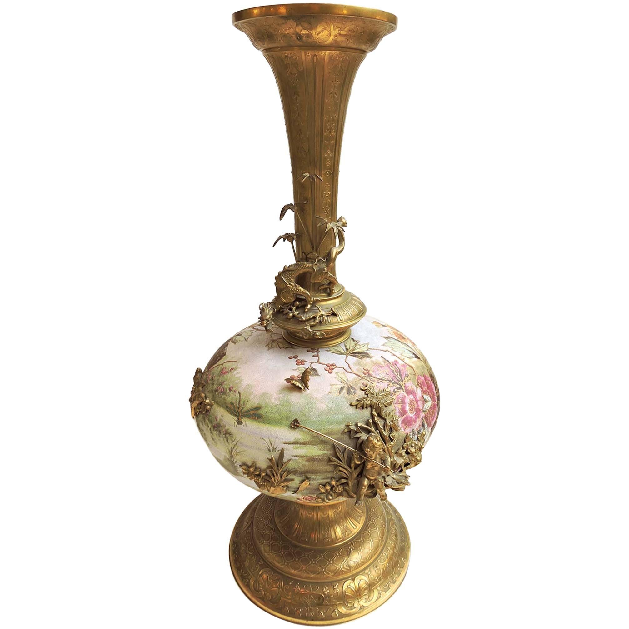 Large Ceramic Austrian/French Orientalist Vase W/ Applied Ormolu Mount For Sale
