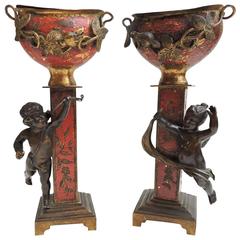 Pair of 19th Century French Cold Painted Bronze Urns