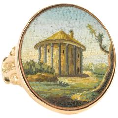 Antique Early 19th Century Very Fine Micromosaic Ring with Temple of Vesta, Rome