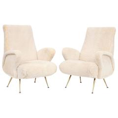 Pair of Italian Chairs, Shearling and Brass, circa 1950s