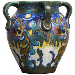 Colorful Four Handle Gouda Vase, Dutch, Early 1900s