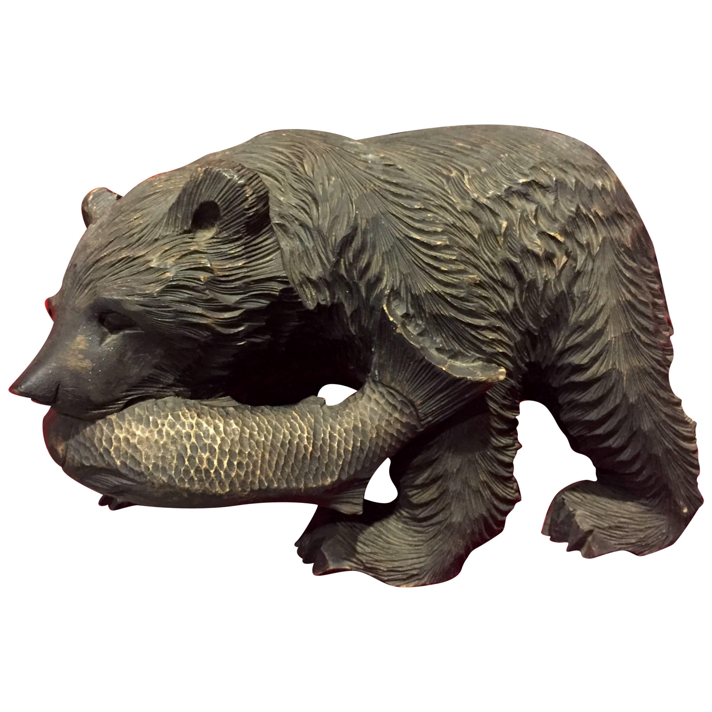 Japan Mid Century Modern Ainu Japanese Bear, Higuma and Salmon Fish