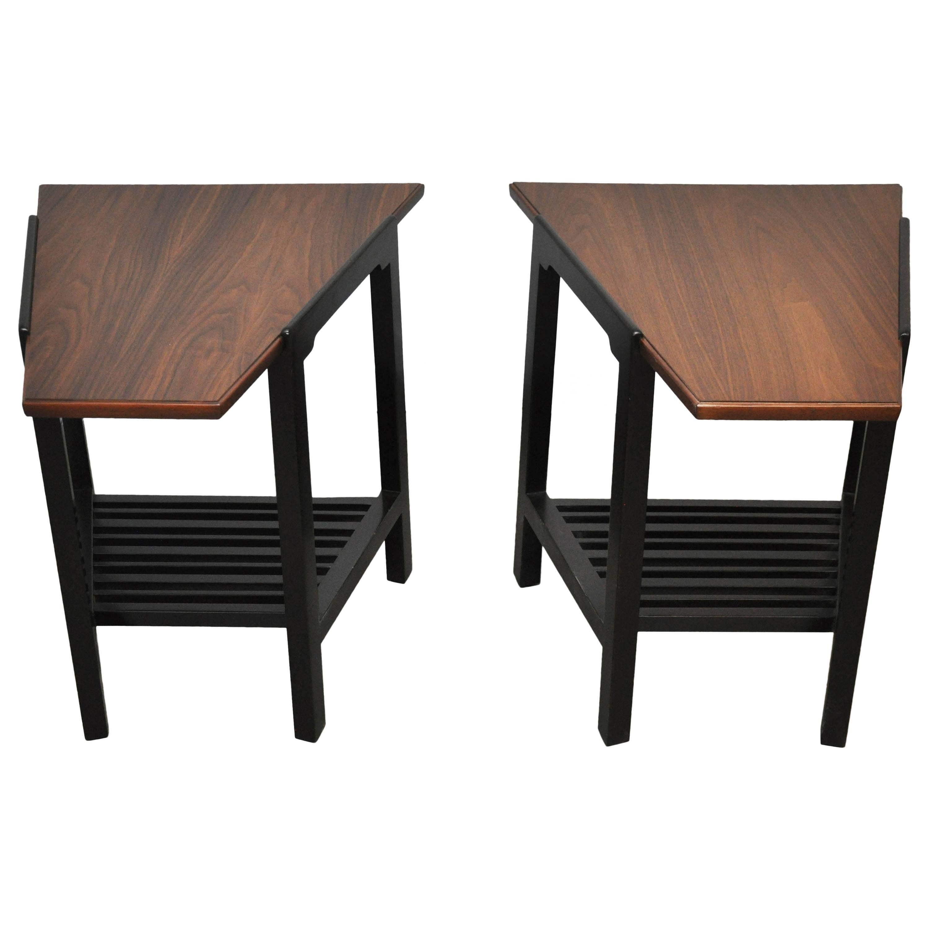Wedge form end tables by Edward Wormley for Dunbar. Refinished walnut tops over espresso tone bases.