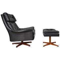 Vintage Ib Kofod-Larsen Leather Swivel Lounge Chair and Ottoman