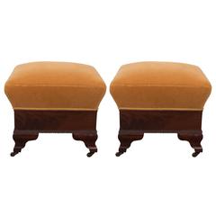 Pair of 19th Century Mahogany Empire Benches with Mohair Seats in Gold
