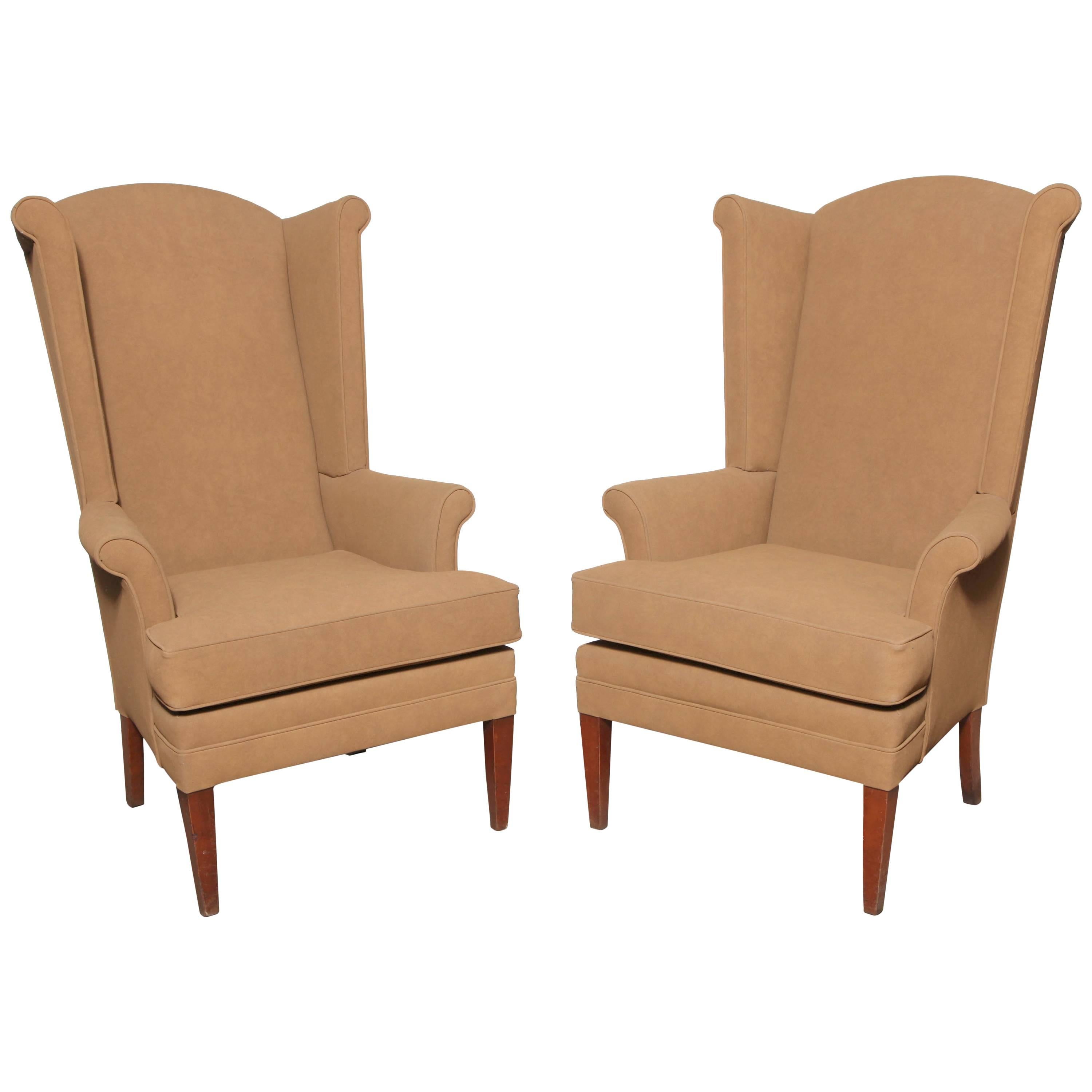 Pair of Tall, Narrow Mid Century Camel Highback Wingback Chairs