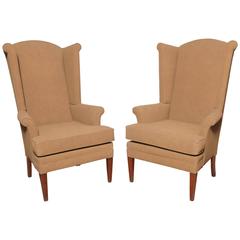 Vintage Pair of Tall, Narrow Mid Century Camel Highback Wingback Chairs