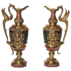 French Griotte Marble, Gilt-Bronze Garnitures in the Form of Ewers, 19th Century